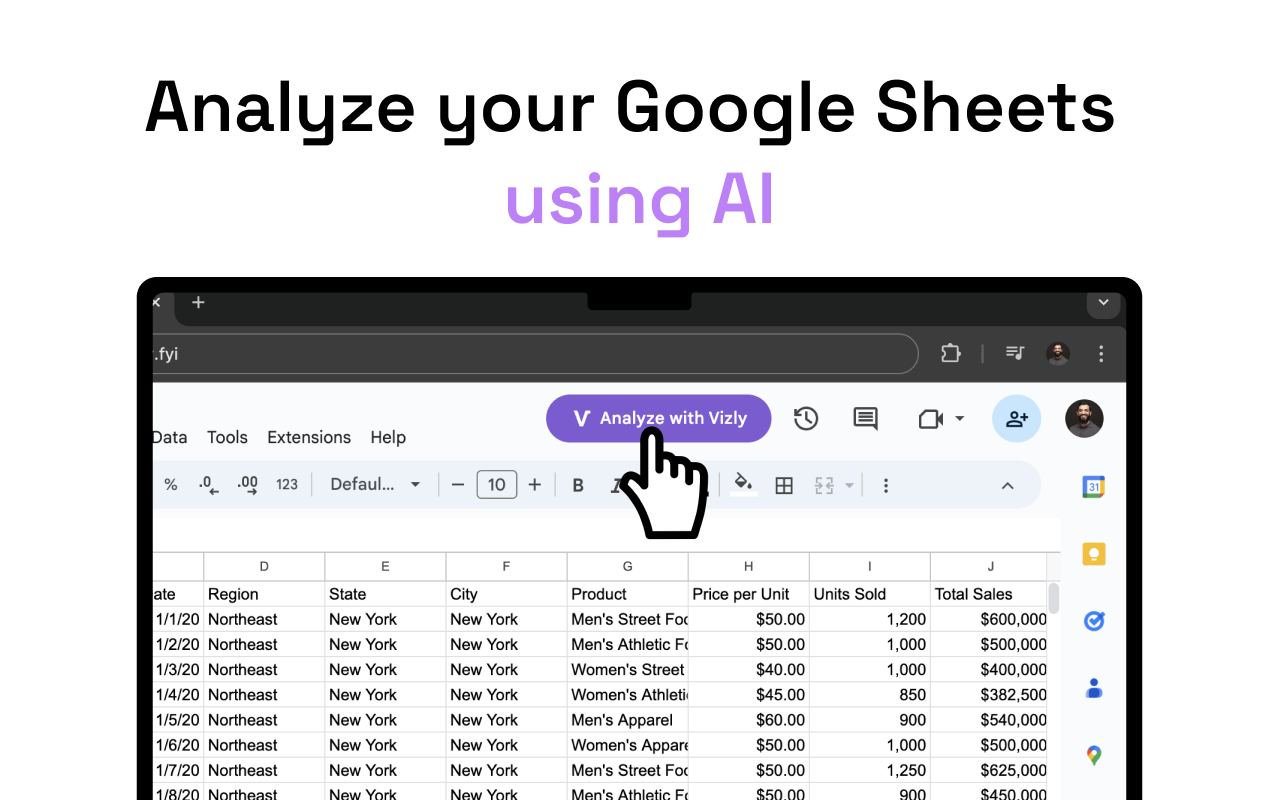 Google Sheets AI Demo showing the Vizly extension analyzing spreadsheet data